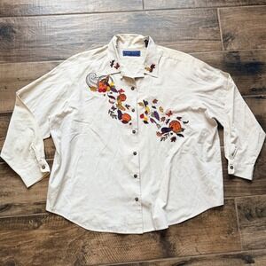 Karen Scott II Cottagecore Fall Gingham Embroidered Button Down‎ Shirt, Tan, 2X
